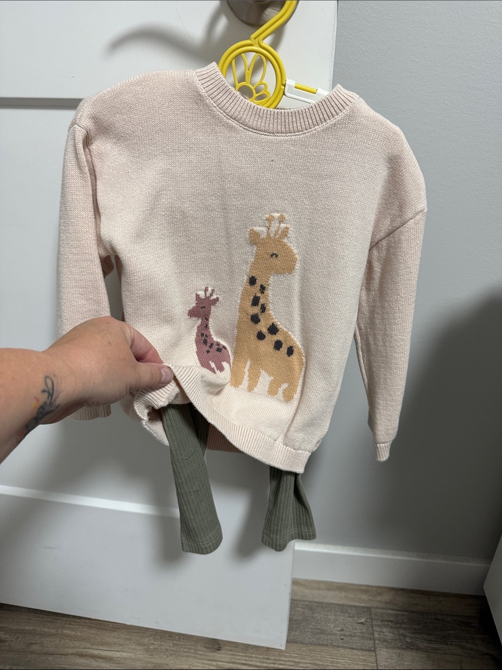 H&M Cream Knit Sweater with Pink and Tan Giraffes and matching pants